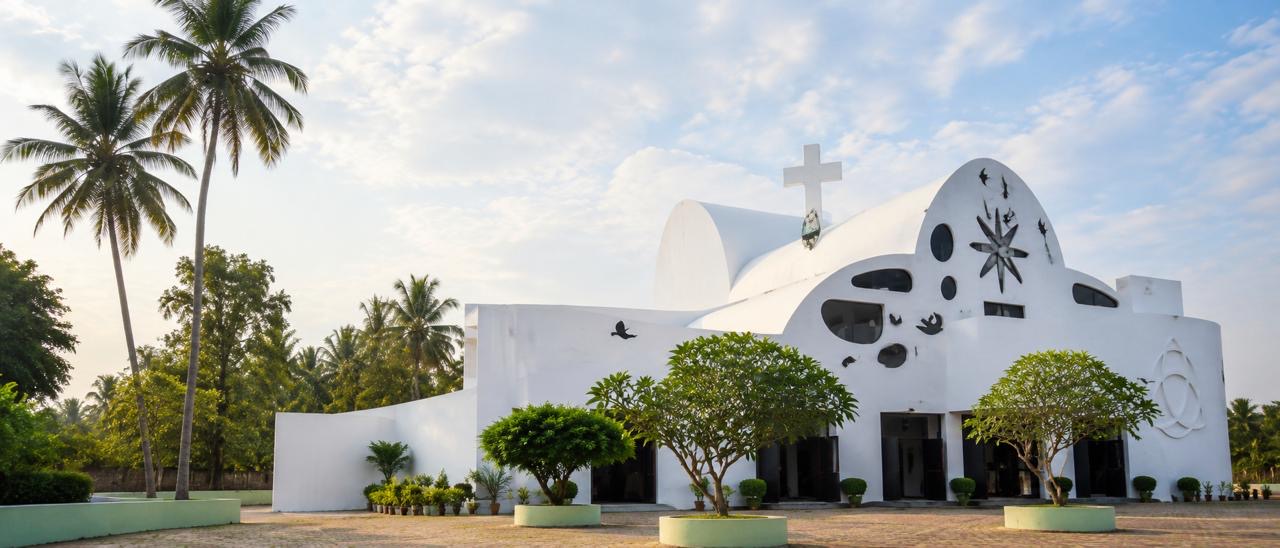 Church exterior with golden cross